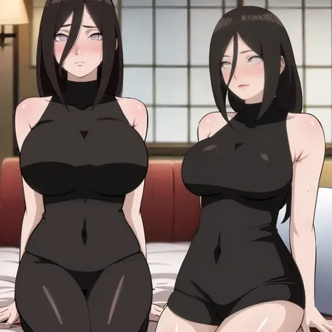 masterpiece, Very detailed, best quality, Ultra-high resolution, 1 Girl, Solitary, （Snow outside the window，hotel，Sweating，blush），(中等breast), breast, (Hana and Hinata:1), (Yoga Clothes，Kneeling), cleveage, From the front，sit，On the sofa，black eyes，White ey...