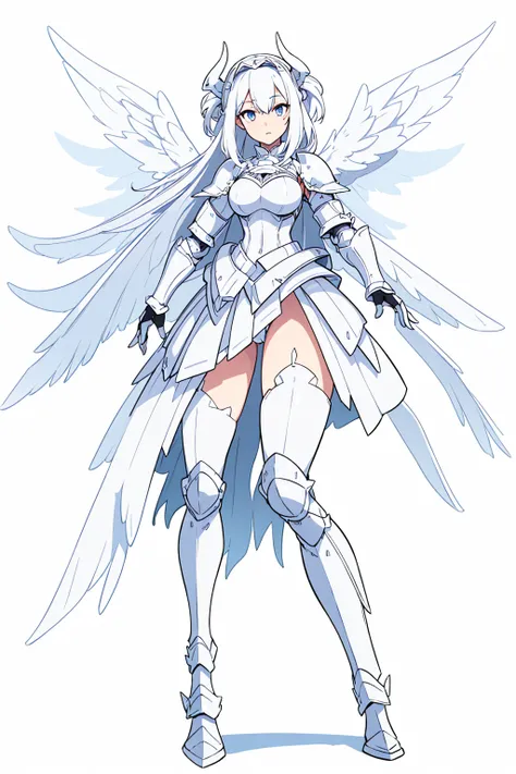 ((( white female knight armor))) dynamic pose,  white hair, white_accesories, , white eyes, long hair, (((white background))).full body, High resolution,  best quality, ,  several pairs of white wings,  white female knight armor,  (((white demon wings in t...