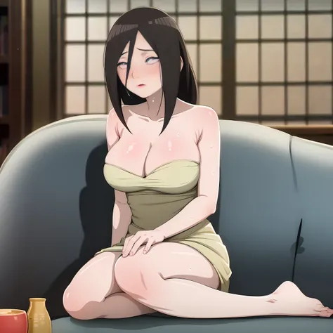 masterpiece, Very detailed, best quality, Ultra-high resolution, 1 Girl, Solitary, （Snow outside the window，On the sofa，Sweating，blush），(中等breast), breast, (Hana and Hinata:1), (dress，Kneeling), cleveage, From the front，sit，On the sofa上，black eyes，White ey...