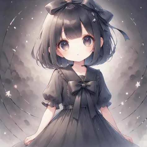 dark eyes,black hair,big ribbon on head,bob,black dress