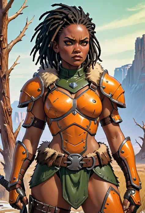 close up of african woman with (short black dreadlocks), short black hair pulled back, wearing a (heavy orange mechanical armor,...