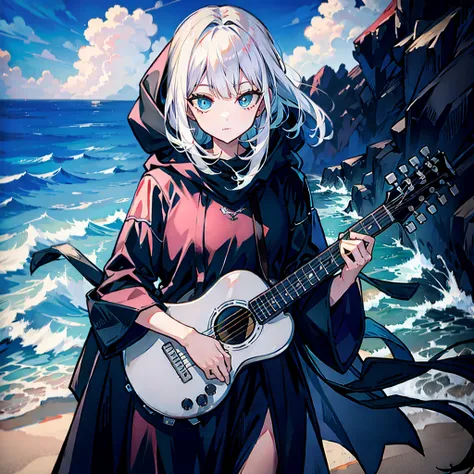 dusk，white hair girl，wearing a black shirt，the hood covered her face，one hand holding a guitar，facing the sea。