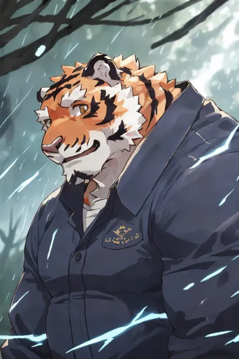 human nature, Wildlife, male,40 years old，Uncle， solitary, ((Round Face, The face is plump,Orange eyes,Thick orange hair，With scars)), ((Endomorph, Handsome，Hot Blood)), （constructor suit，No electricity，exhaustion), ((domestic tiger, tiger，) Fluffy fur, Fl...