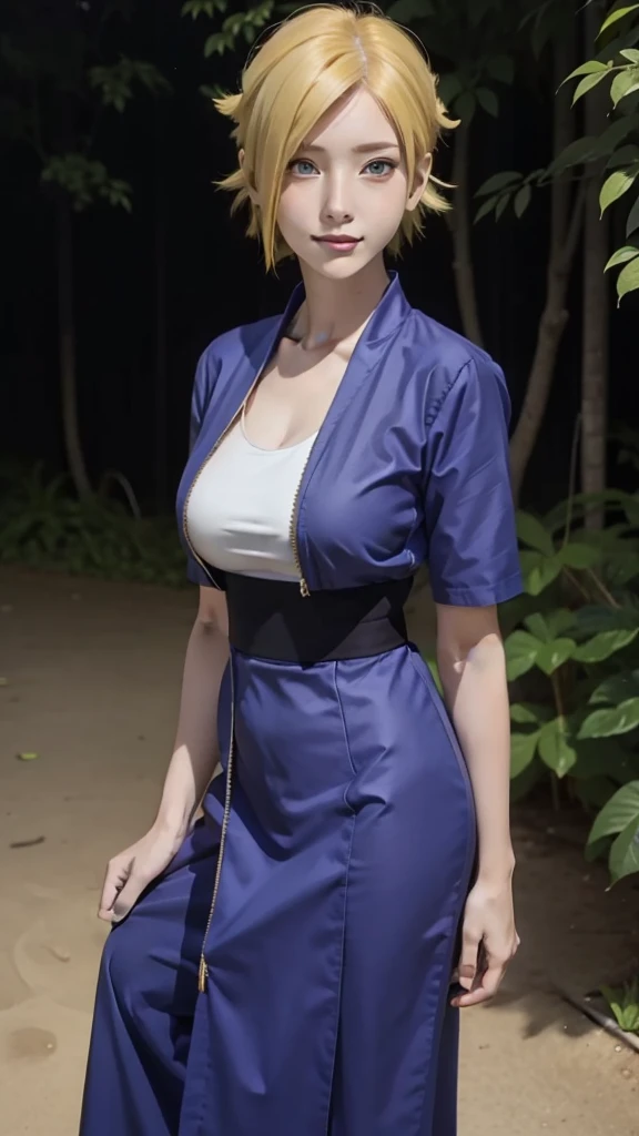 1girl, temari in anime naruto, short hair, yellow hair, blue eyes, smile, beautiful, sexy clothes, sexy dress, white clothes, very big breast, realistic clothes, purple clothes, outdoor background, ultra detail, realistic