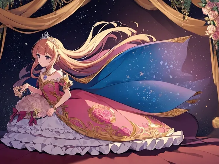 best quality,(long train cape:1.15),(long train ball gown with floral decoration:1.15), a girl is wearing a cape over her dress, anime style, rococo style, little princess, tiara, kind smile, very long hair, small breast, perfect fingers, masterpiece