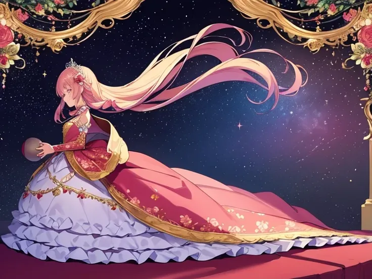 best quality,(long train cape:1.15),(long train ball gown with floral decoration:1.15), a girl is wearing a cape over her dress, anime style, rococo style, little princess, tiara, kind smile, very long hair, small breast, perfect fingers, masterpiece