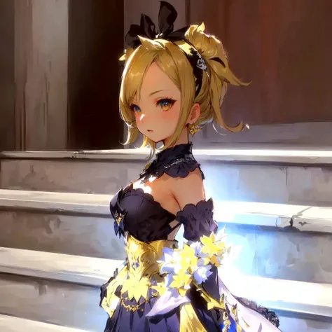 masterpiece:1.2, best quality, detailed and beautiful, a close up of a person in a dress and gloves, lalafell, blade and soul, final fantasy 14 style, from bravely default ii, , ,  in dress, ffxiv, final fantasy 1 2 style, blonde - haired princess, allurin...