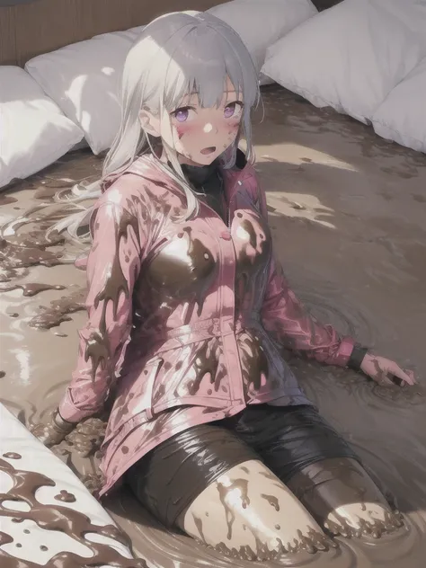 a girl laying in bed, kyoko kirigiri, wearing a pink shiny buttoned raincoat, ((muddy clothes)), covered in mud, mud splatters, ...