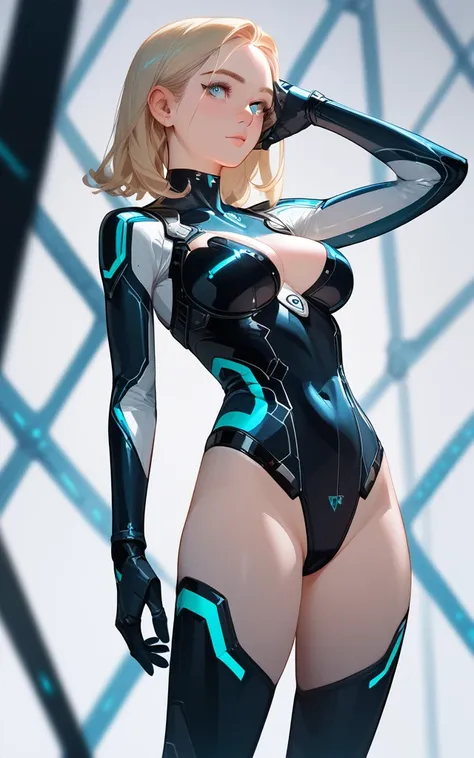 girl, ultron suit, blonde, blue eyes, hyper realistic, masterpiece, leotard