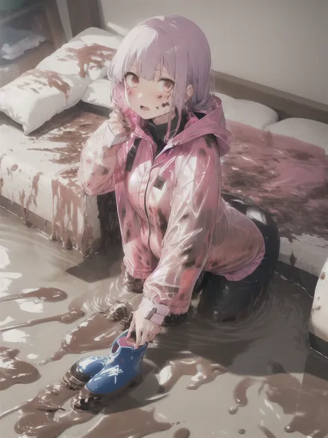 a girl laying in bed, kyoko kirigiri, wearing a long pink shiny buttoned raincoat, wearing hood, buttoned up, ((muddy clothes)),...