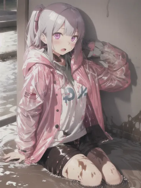 a girl laying in bed, kyoko kirigiri, wearing a long pink shiny buttoned raincoat, wearing hood, buttoned up, ((muddy clothes)),...