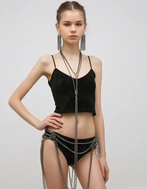 black pubic hair, front view, beautiful, completely naked very skinny russian girl 14 years old, earrings, in womens top made with chains, straps made of chains, stand in suede shoes heel, arms crossed, white background, photorealistic