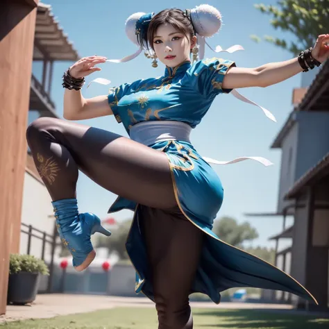 em um photoshoot profissional e de marketing realista, capturar chun li, highlight for hands that must have five fingers on each...