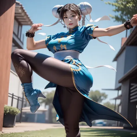 em um photoshoot profissional e de marketing realista, capturar chun li, highlight for hands that must have five fingers on each...