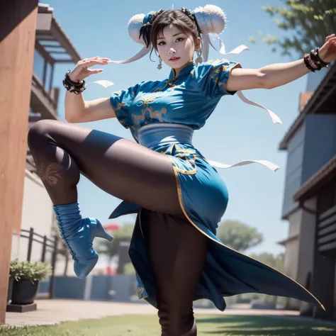 em um photoshoot profissional e de marketing realista, capturar chun li, highlight for hands that must have five fingers on each...