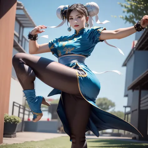 em um photoshoot profissional e de marketing realista, capturar chun li, highlight for hands that must have five fingers on each...