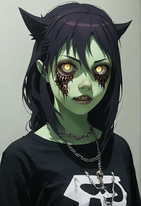 Anime zombie undead girl, cut face, scars on a face, black sclera, shark teeth, glowing eyes, smug face, pale greenish decayed skin, black t-shirt, electric necklace, cute