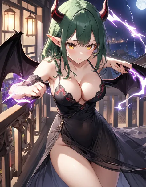 (nsfw)、high resolution、High definition、Fantasy、One Woman、Slim, small butt, large breasts、Golden eyes、BRAKE 、[dark green hair:scarlet hair:0.5]、BRAKE、Pointed Ears、Fair skin、BRAKE、((He prepares himself, thrusts his arm forward, and fires a purple lightning b...