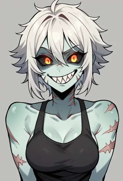 Anime zombie undead girl, slitched face, scars an face, black sclera, shark teeth, glowing eyes, smug face, vile, pale green-ish decayed skin, black tank top, eletric colar, cute