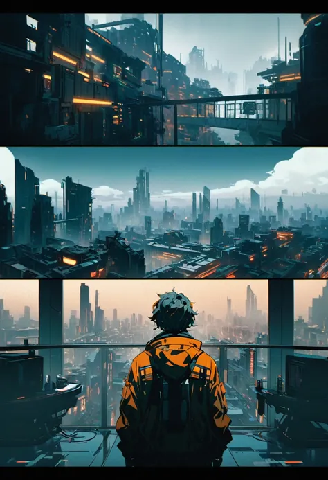 abstract colors, texture, Film Grain, Skin pores:0.Standing on a balcony overlooking a futuristic landscape、One complex and dramatic portrait of a beautiful, windswept sci-fi scientist (Solarpunk)1.2 Cities, Foggy Morning, Movie stills, Blade Runner 2049, ...