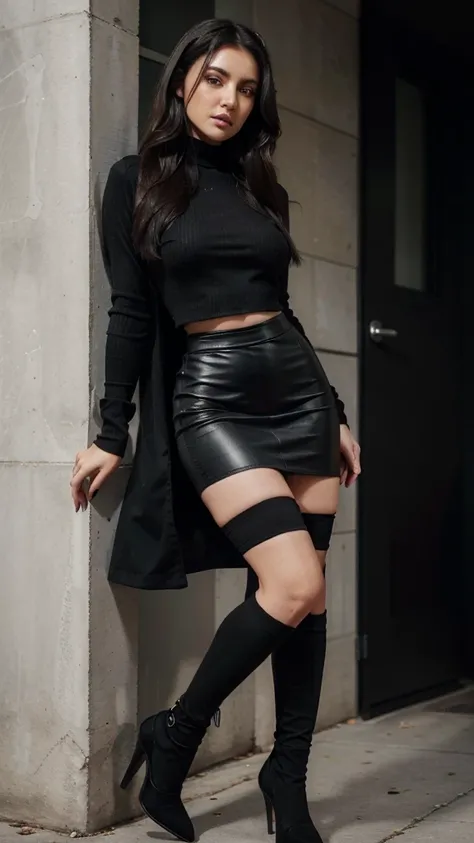 Brunette using a grey tight caffarena. straight black hair. pencil skirt. black folclore heels. black opaque stockings. Instagram style photo, detailed face, UHD, front view.