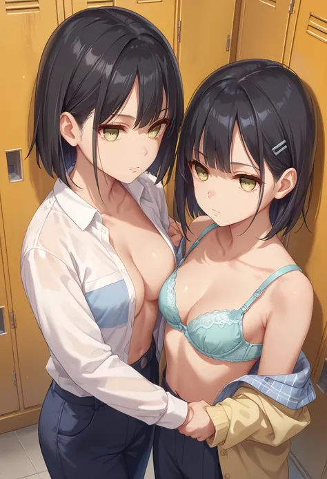 (((masterpiece) (((((Highest quality))))((high resolution))))), Very detailed, Ultra-realistic, )、、locker room、Open shirt、Blue Bra、bluepantiesblack hair、、、Change of clothes、((Expressionless))、From above.stand、Look away.Yellow Eyes、Gaze Down、Grab your chest...