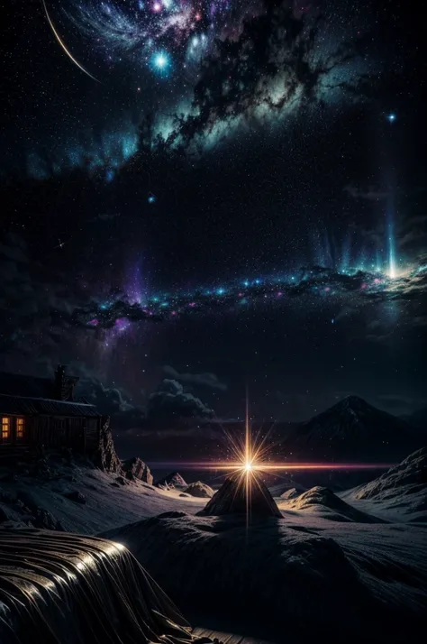 a cabin in space, many gold coins, spiritual projection, spiritual dimension, aura energy, celestial light, person flying in the starry sky, universe, detailed cabin interior, glowing aura, dramatic lighting, volumetric cosmic clouds, mystical atmosphere, ...