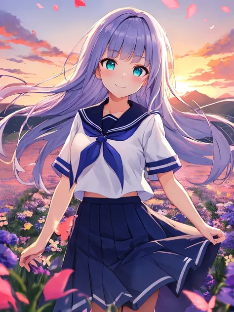 (( best quality, masterpiece, 4k, 8k, 16k, absurdrity, retina)), Ultra-Wide Angle, anime style, 1girl, smile, blunt bangs, drooping eyebrows, aqua eyes, glowing eyes, violet hair, meadow, smile, curtsy, white serafuku, blue sailor collar, red neckerchief, ...