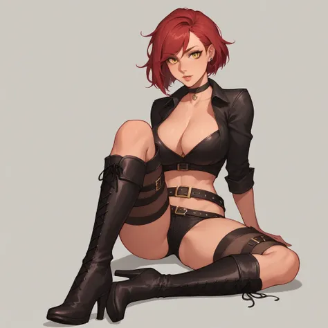 nsfw,,,,(sara valestein),(sen12),1girl, large breasts,choker, belt, yellow eyes, red hair,((high heel boots, Knee-high boots)),