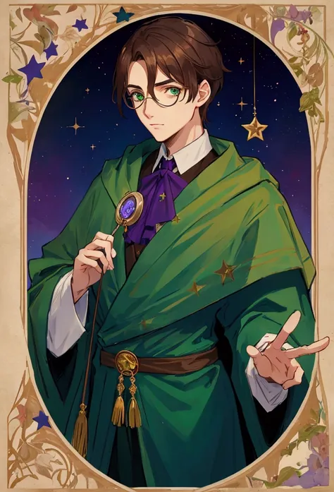 guy, brown hair, green eyes, blue robe, monocle, holding a small purple star