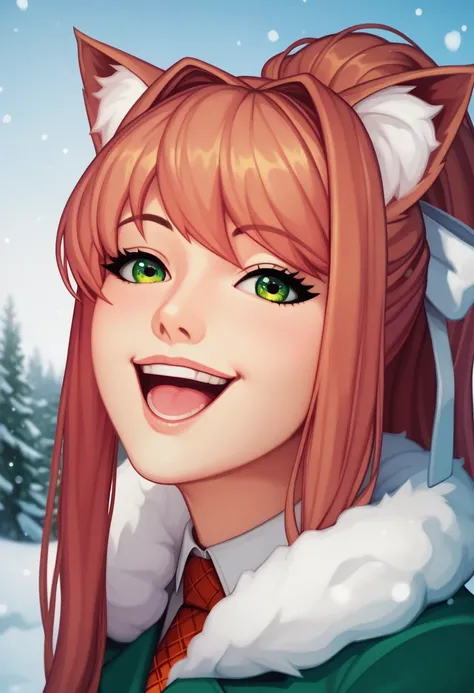 ((masterpiece, best quality:1.2))((coral brown hair))((emerald green eyes)),solo,1girl,monika(doki doki literature club),(standing_fox_ears), (high_stockings), ((winter_clothing)), (not sexual pose), (happy face expression), ((close up photo))