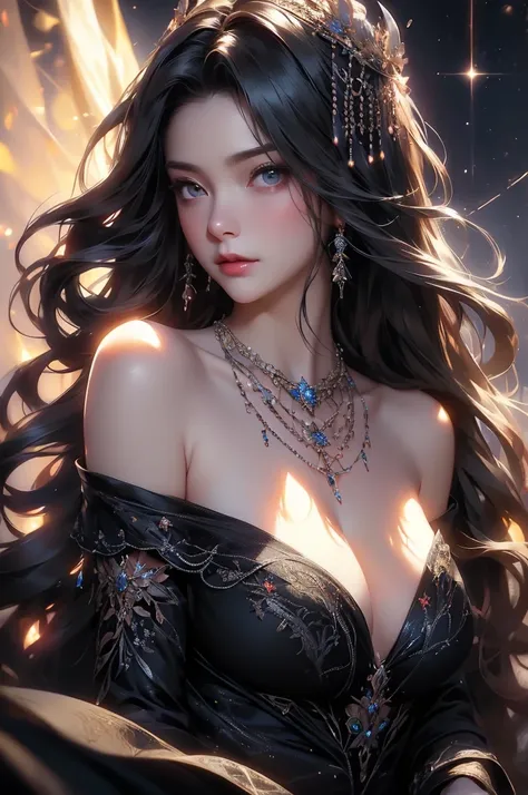 (masterpiece:1.5, Highest quality, Very detailed、 Dutch Angle、Semi-realistic、Fantasy)(One Girl, alone)(White and beautiful hair:1.4,,Straight Long Hair)(Dress in black tones、Fantasyの衣装)、((Off the shoulder、Mid-chest、ruby ​​necklace))(Beautiful cleavage、Legs...