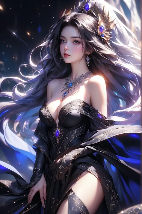 (masterpiece:1.5, Highest quality, Very detailed、 Dutch Angle、Semi-realistic、Fantasy)(One Girl, alone)(White and beautiful hair:1.4,,Straight Long Hair)(Dress in black tones、Fantasyの衣装)、((Off the shoulder、Mid-chest、ruby ​​necklace))(Beautiful cleavage、Legs...