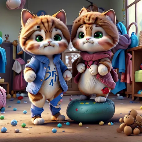 Characters:

Mother cat (angry expression).
Cute kitten wearing a Brazilian soccer jersey.
Setting:

Messy room with toys and clothes scattered around.
Action:

Mother cat pointing at the mess while the kitten looks apologetic.
