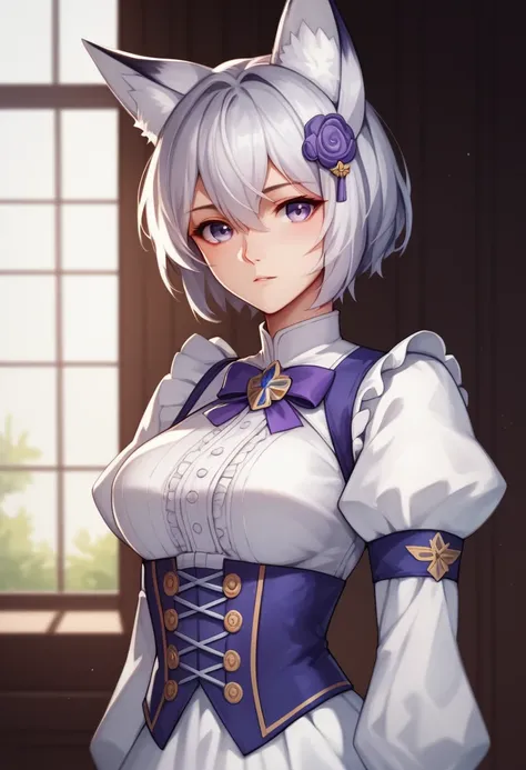 (masterpiece, best quality:1.2)((silver white hair))((violet eyes)),solo,1girl,((eyes tilted outwards)), ((standing_fox_ears)) ,averting_eyes,hair_between_eyes,basic_blue_hairpin,bob_hair,short_hair, (medium breasts), puffy_sleeves, girly_clothes