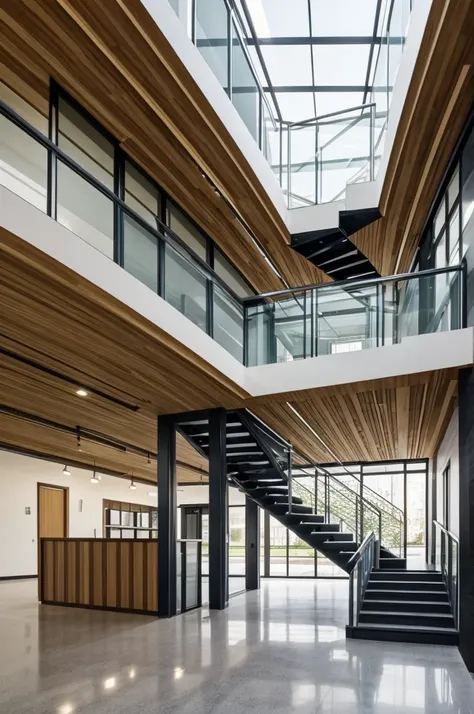 Show me the design of cafeteria of upper and ground floor and show me the stair case that connects the floors 