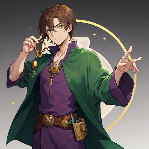 guy, brown hair, green eyes, blue robe, one sleeve rolled up, gray T-shirt under the robe, brown belt belt, gold bar, monocle, small purple star in his hands