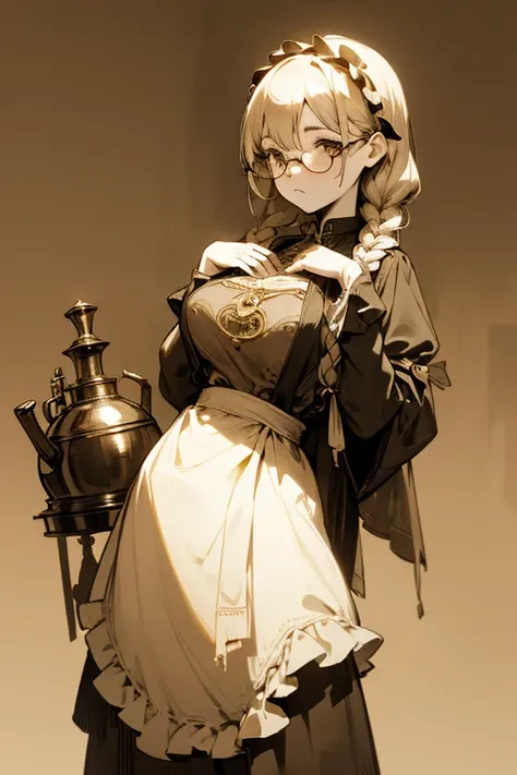 Female Doll、adult、Large Breasts、Open the chest、Gold-rimmed glasses、Braided Hair、Pottery body、Luo Ling humanoid、steampunk、Expressionleselancholy、dark、Low saturation、Low Contrast、Sepia、Faded colors、Glass-like eyeballaid clothes、Apron dress、Exposed bare skin