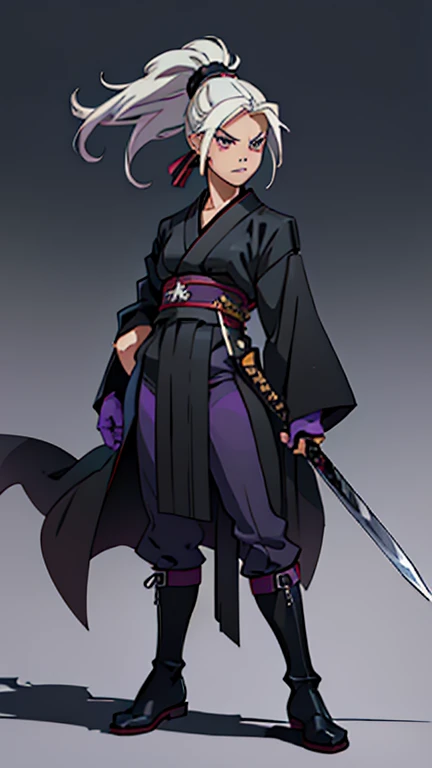 girl 12 years old, slim, breasts small, Africana, slanted eyes, flat hair, long  hair, white  hair, hair tied ponytail, black overcoat, Black boots, black gloves, violet colored eyes, scowl, wielding katana sword, combat pose, fully body, all black japanes...