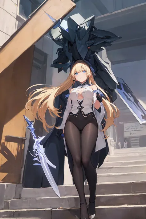 战斗Mecha，（Blonde Girl），(Big ponytail),Shining blue eyes，Blue light sword，Milky Way，(Angel），Precision，（（Blonde Beauty））Public Details Wing，elegant，蓝色Mecha，Blue shining eyes，（Stockings heels），land，机械和Precision，Public Details Wing，elegant，wood々，I have hands an...