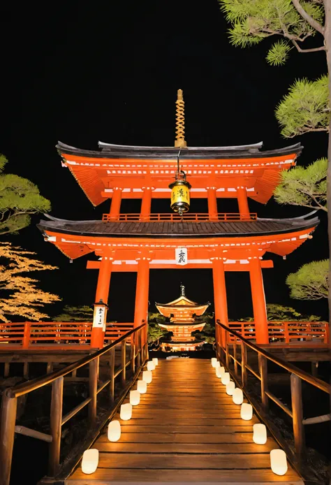 Japan、Festivals、Bon dance、Wooden platform、shrine、unmanned、night、Lantern