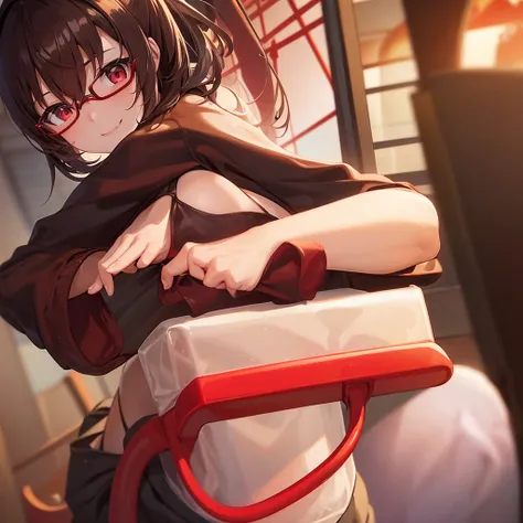 １People Girl、Hidden Big Breasts、Light brown short hair with outward curlischievous Smile、Mischievous pose、Red Glasses、Red Eyes、Animal Ears、Black Skirt、Black and red winter clothes、Under the sunset sky