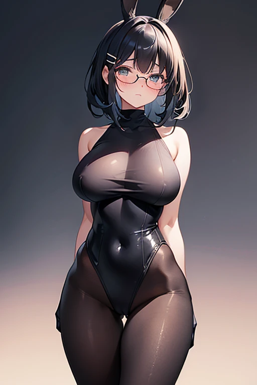 detailded, super verbose, very neat, perfect art, a girl alone, neat and cute hands, cabelo verde claro, rabbit hair clip, medium hair, wearing glasses, wearing a black sweater, with a thin swimsuit, wearing pantyhose, bunny bunny, blushing face embarrasse...