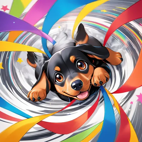 pop art, (from above), A Dachshund puppy is curling up in the air, surrounded colorful ribbons and particles shaped star, falling through up the air, lie on back spreading arms and legs wide, close up happily expression toward the viewer, smoke screen, spe...