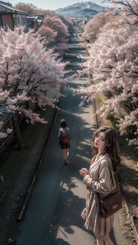 ((Masterpiece, best quality, Highest picture quality, high resolution, realistic, original photo, 8ก)), Spring Morning, In a rural town in Japan, The students walked along the cherry tree-lined road to the train station., (Looking from above:1.3), 