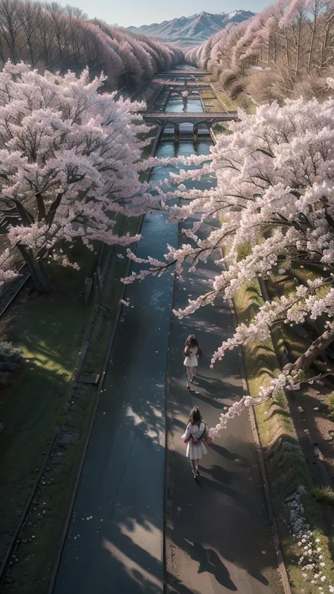 ((Masterpiece, best quality, Highest picture quality, high resolution, realistic, original photo, 8ก)), Spring Morning, In a rural town in Japan, The students walked along the cherry tree-lined road to the train station., (Looking from above:1.3), 