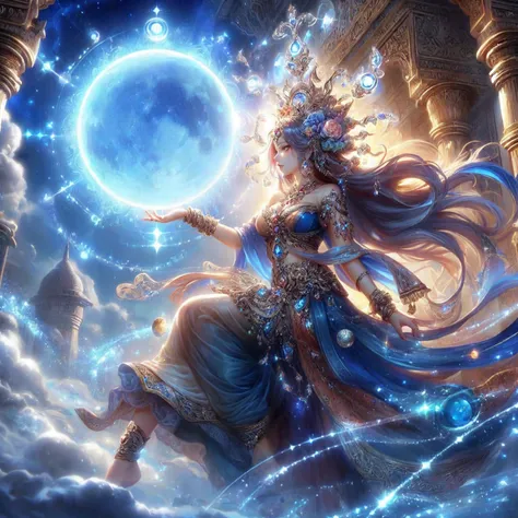 super model woman  , golden crown  , pink mouth ,Dressed in gold, standing in front of a crescent moon., goddess of heaven, goddess of the moon, anime goddess, beautiful heavenly mage, lunar goddess, Moon Goddess, Golden Lotus Princess, Goddess of the Gala...