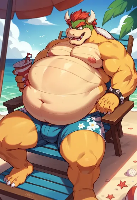 fat bowser from super Mario in red floral shorts at the beach sitting on a beach chair, being inflated, fat, overweight, massive belly, vore, large massive stomach, arms and legs sucked into torso, torso is shaped like a big round ball, b3