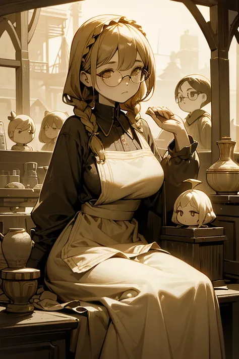 Female Doll、adult、Large Breasts、Open the chest、Gold-rimmed glasses、Braided Hair、Pottery body、Luo Ling humanoid、Doll body、Machine structure、humanoid、Expressionleselancholy、dark、Low saturation、Low Contrast、Sepia、Faded colors、Glass-like eyeballaid clothes、Apr...