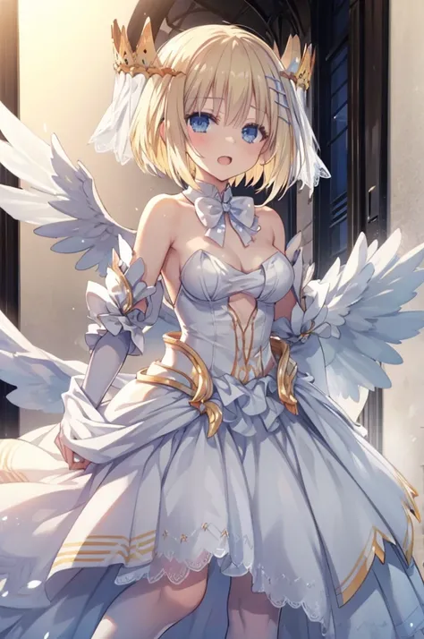 wht1,Absolute area,Open mouth smile,Beautiful background,best quality,masterpiece，Angel Girl, young，12 years old，Blonde with wings, Hart neckline